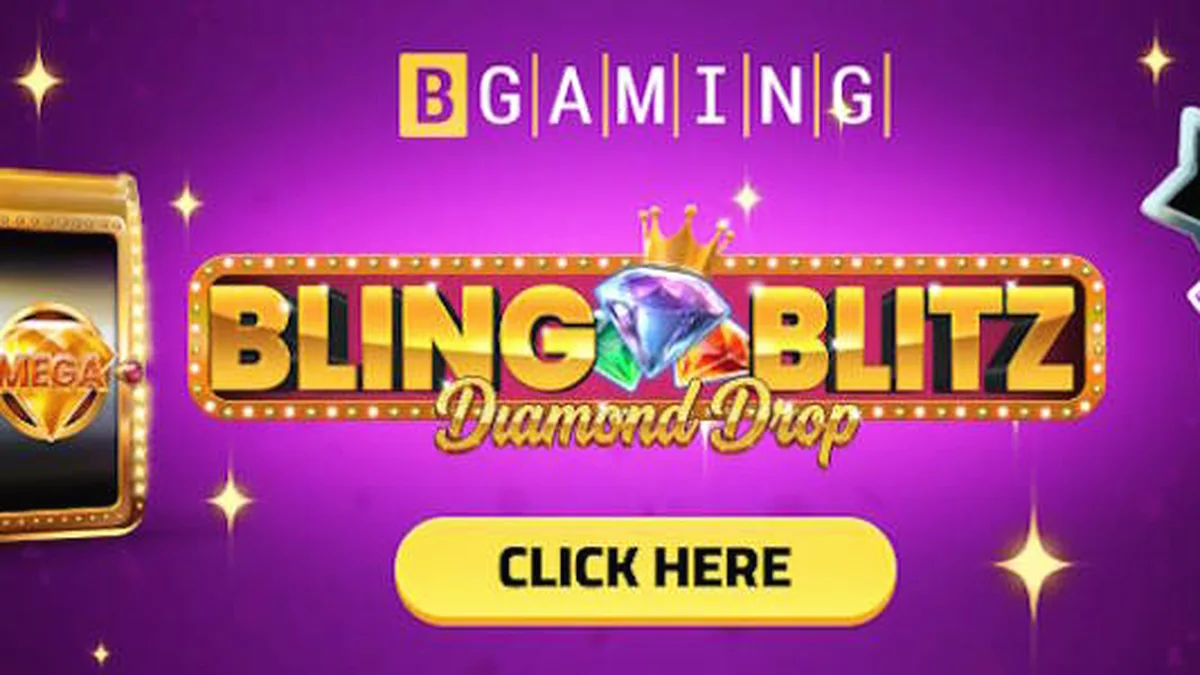 Tampilan visual Bling Blitz Diamond Drop dengan latar belakang gelap dan peti berlian