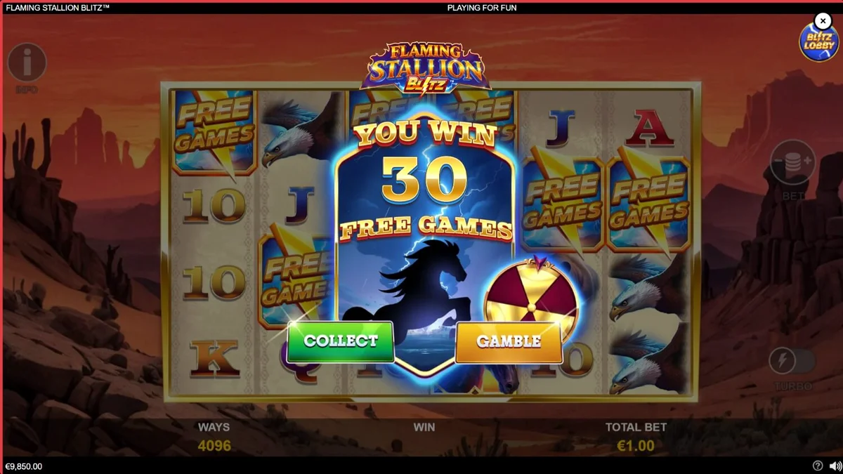 Tampilan visual slot Flaming Stallion Blitz dengan latar belakang gurun dan simbol kuda yang menyala.