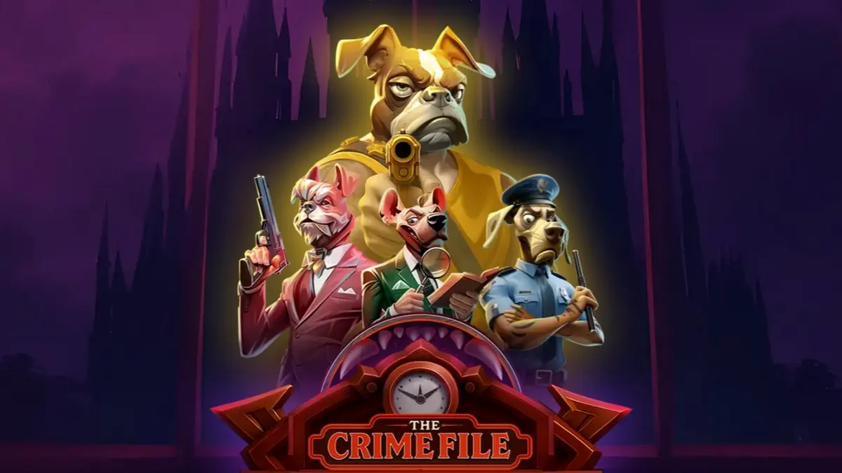Tampilan visual slot The Crime File dengan tema detektif anjing noir